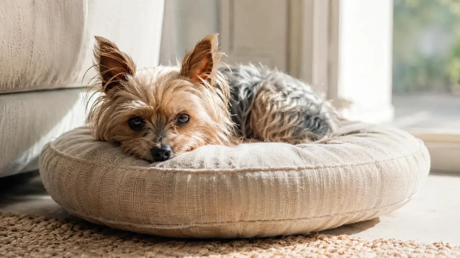 Senior Yorkie resting on a cushion near a sunny window, looking comfortable and relaxed