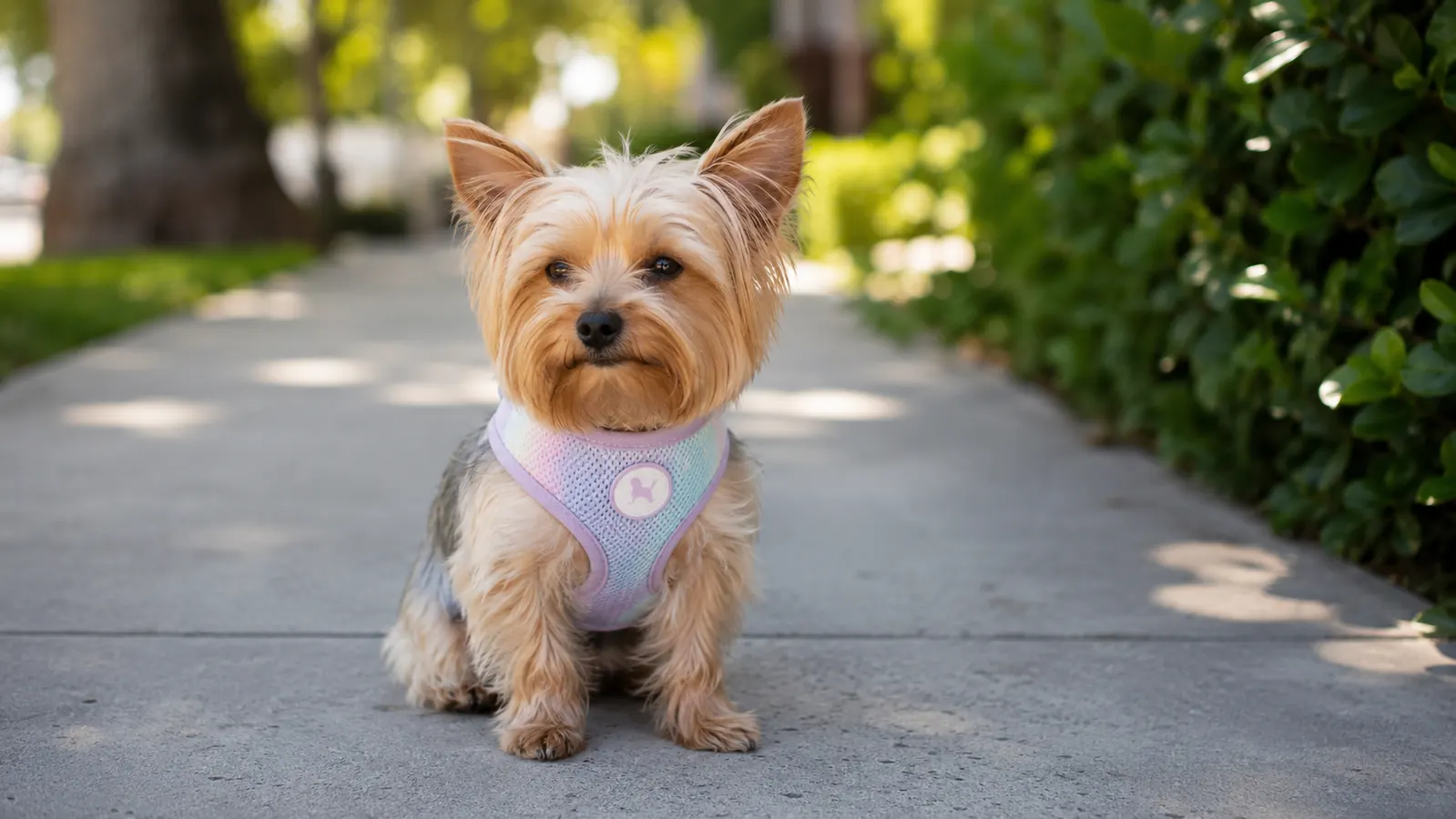 Small Yorkie wearing a soft pink mesh harness sitting calmly on a sidewalk in morning light