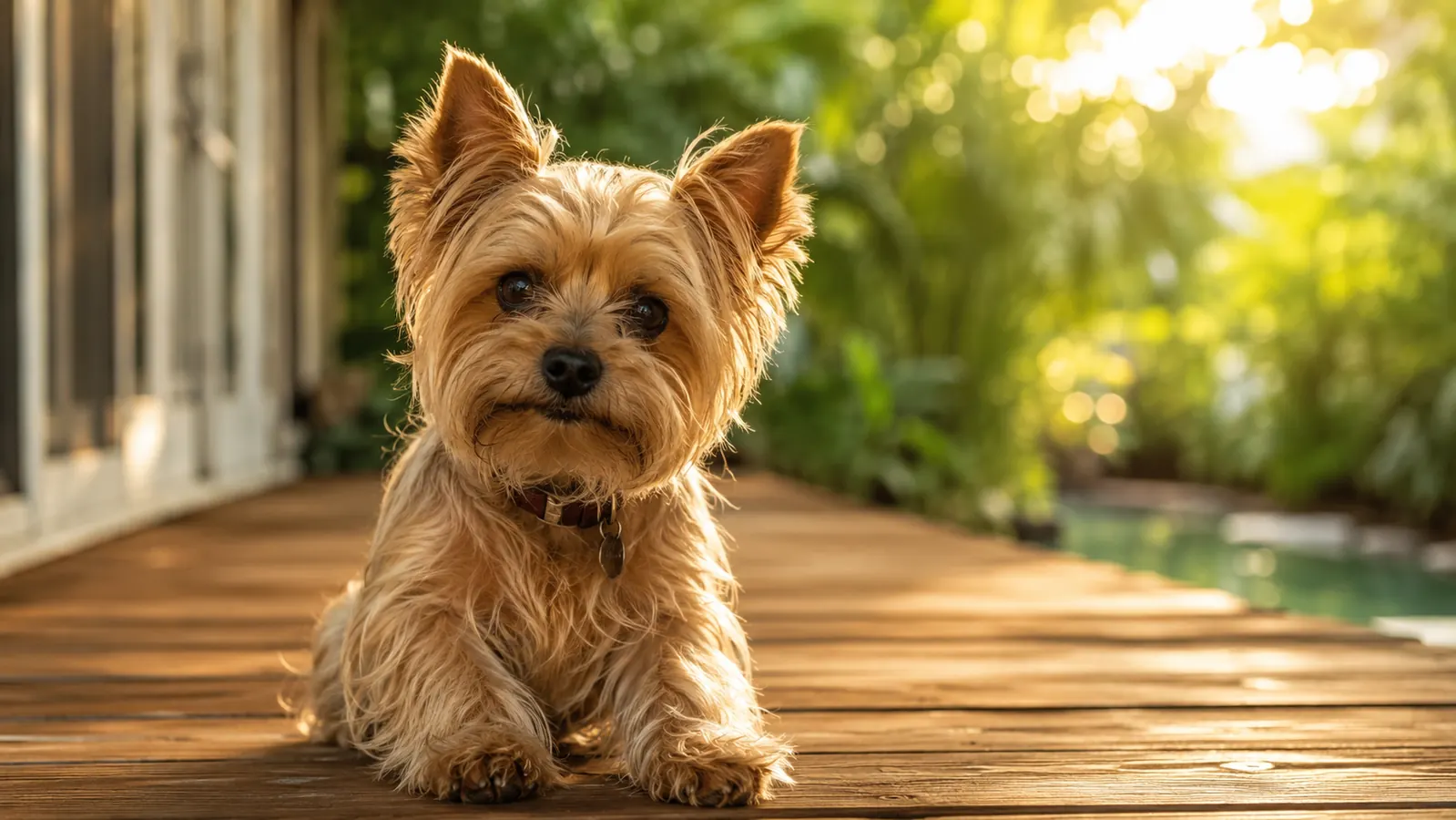 Small Yorkie sitting on a sunlit porch with her front paws extended, pads visible, looking up at the camera