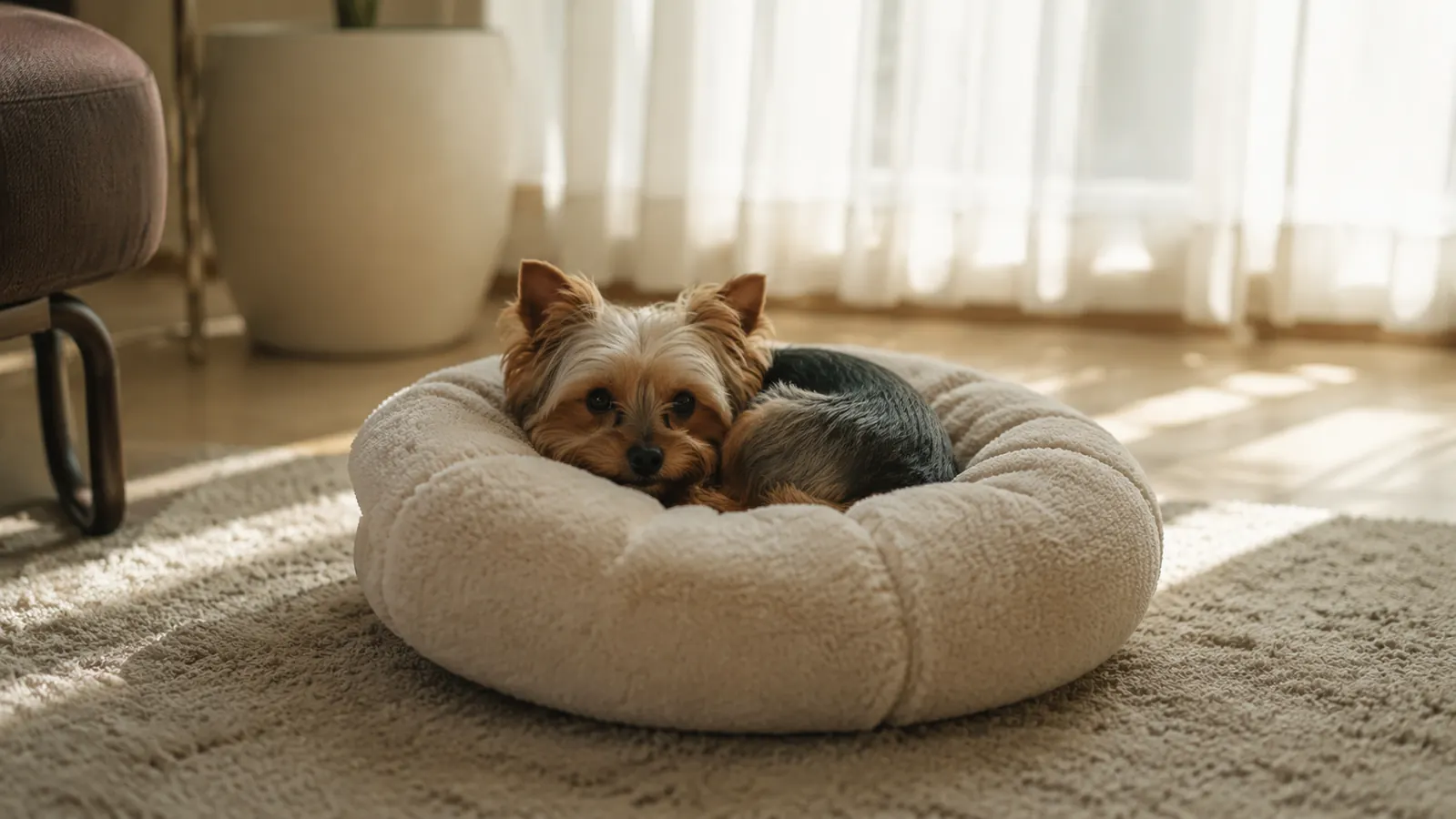 Small rescue Yorkie curled tightly on a dog bed, looking up with cautious eyes in a warm sunlit living room