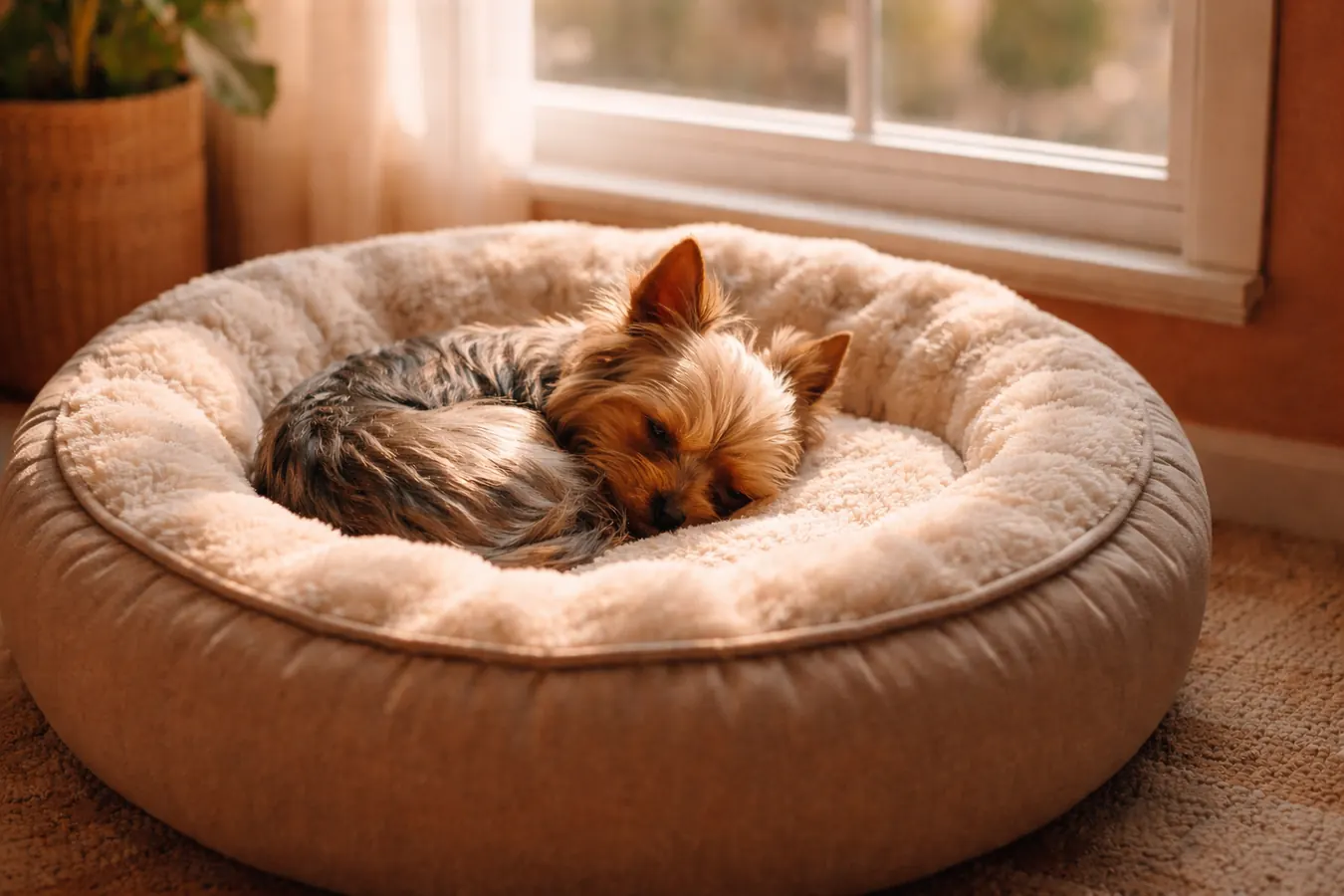 Small Yorkie curled in a round bolster dog bed in a sunny South Florida living room