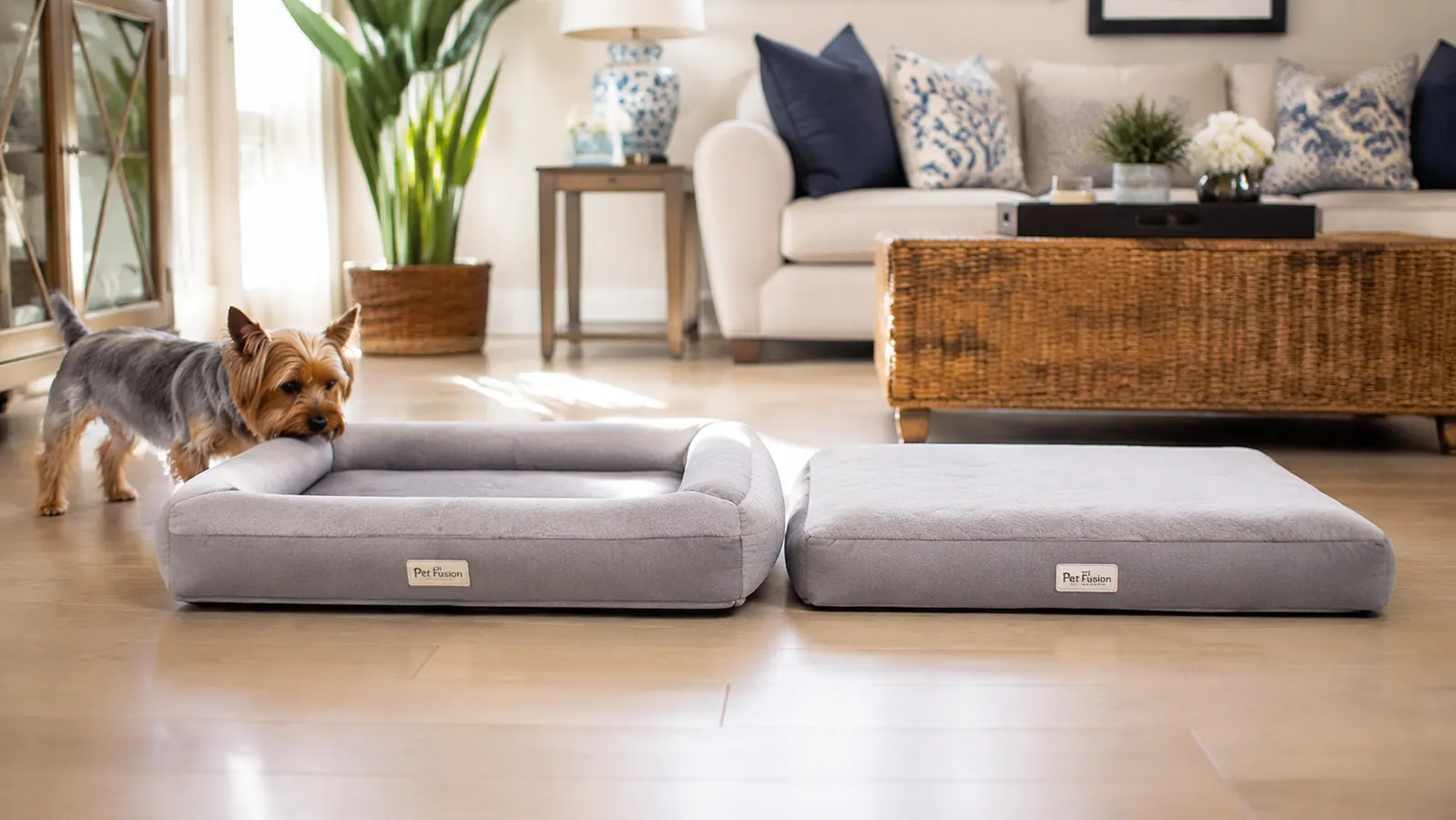 Two small dog beds side by side on a light wood floor, one with a bolster and one flat, with a small Yorkie sniffing the bolstered bed