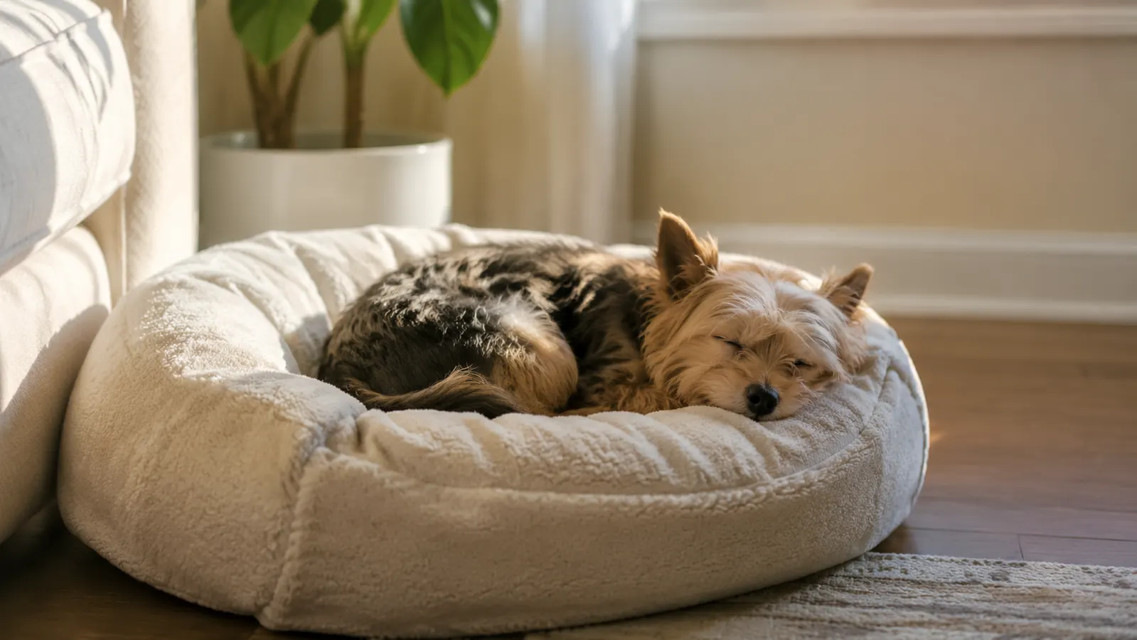 Small Yorkie curled on a bolster-style orthopedic dog bed in a bright South Florida living room