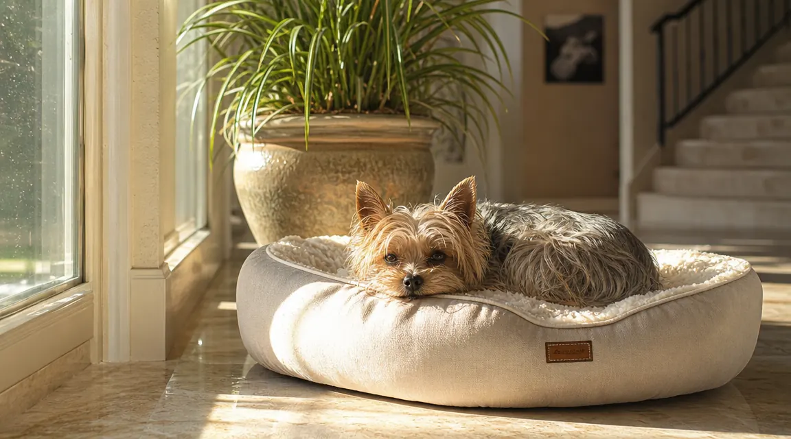 Senior Yorkie resting on a soft dog bed in a sunny Florida living room