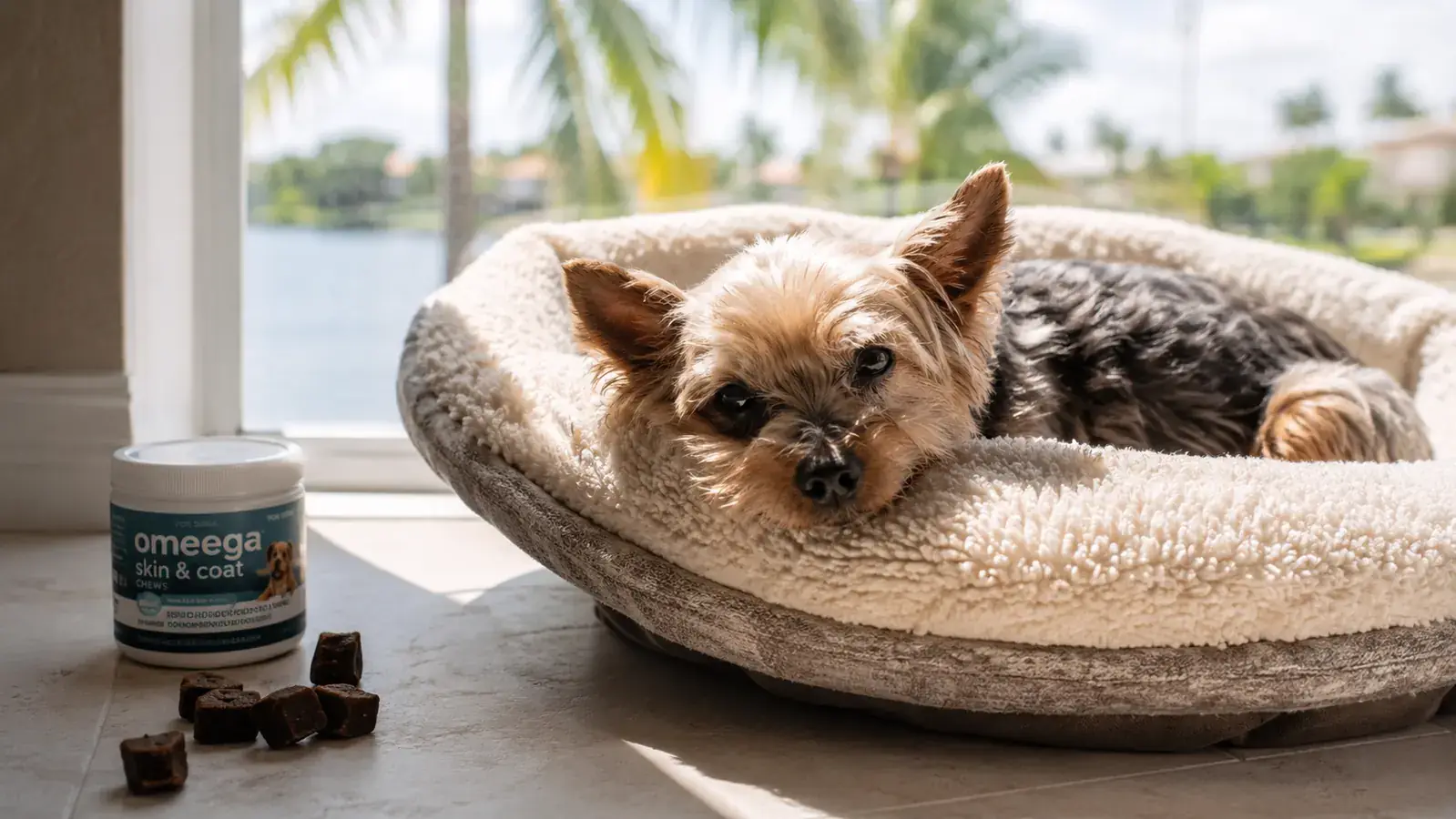 Small Yorkie resting on a soft dog bed near a sunny window with a bottle of joint supplement chews on the floor beside the bed