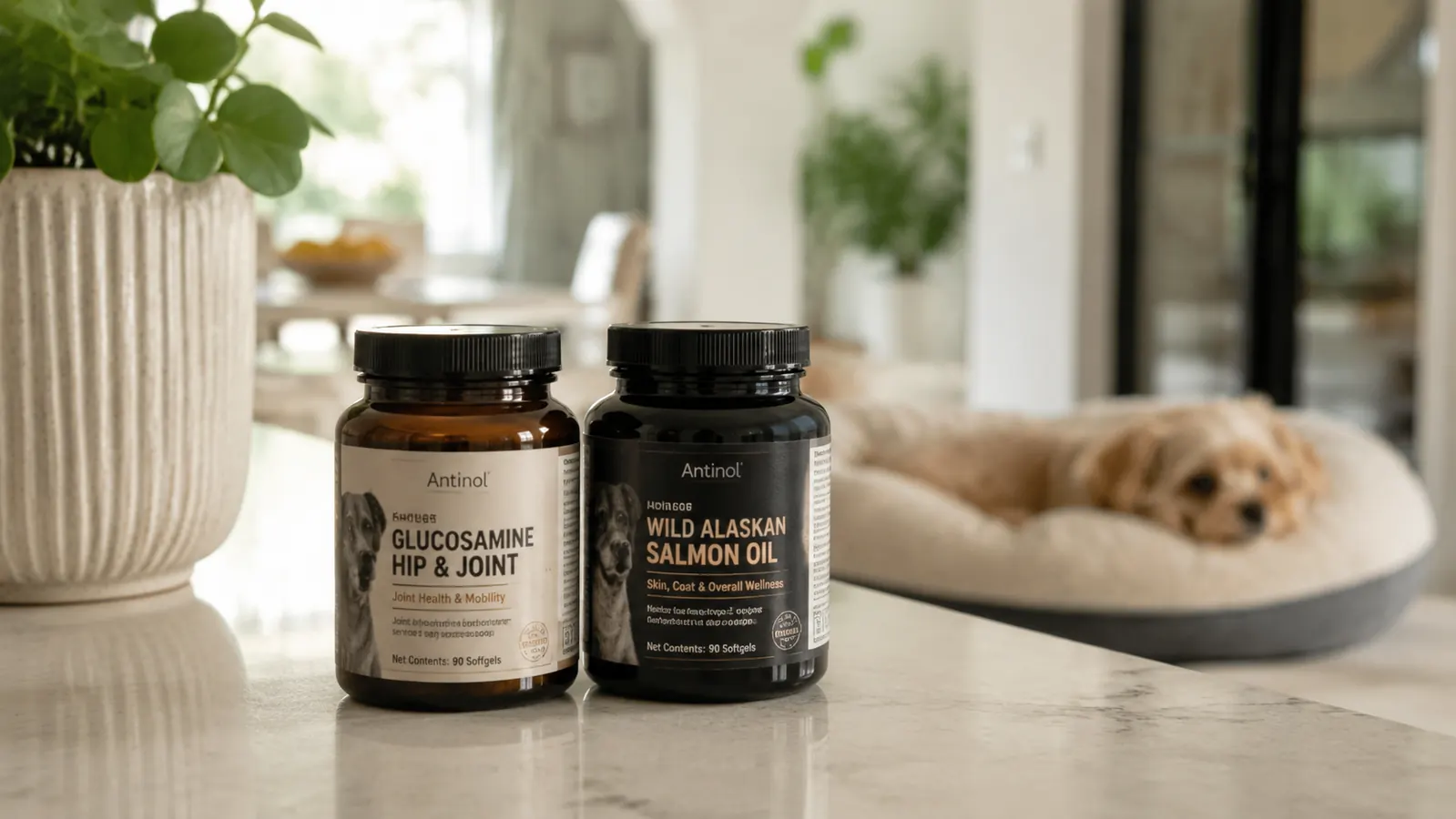 Two bottles of dog joint supplements side by side on a sunny kitchen counter with a small senior Yorkie resting nearby