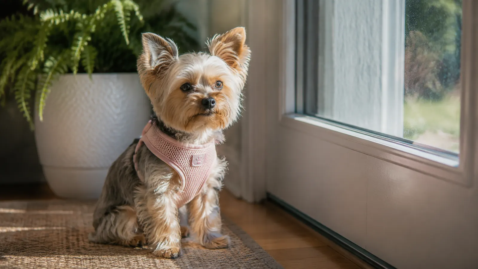 Small rescue Yorkie sitting by a front door in soft morning light, leash clipped to a pink mesh step-in harness