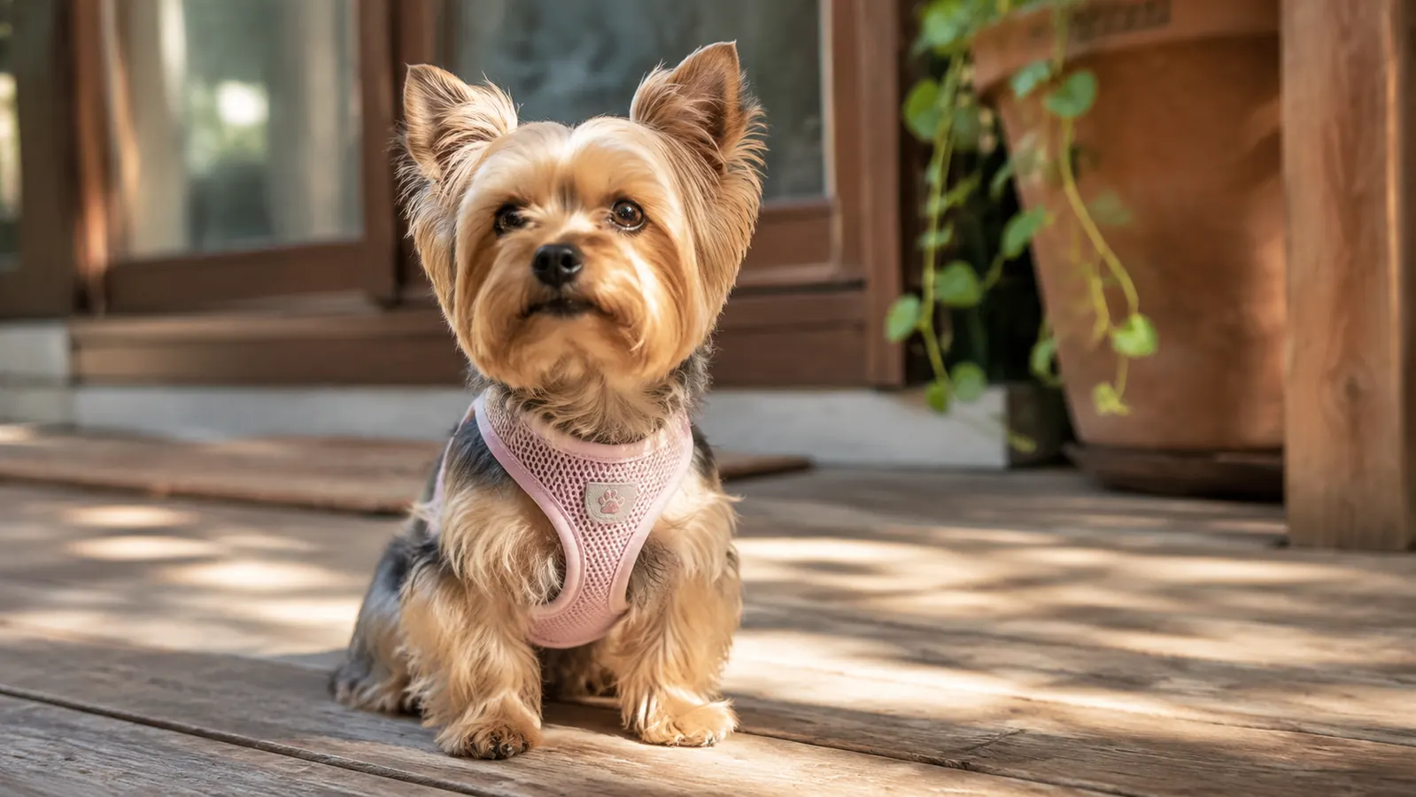 A small Yorkie in a soft mesh step-in harness sitting calmly on a porch in morning light