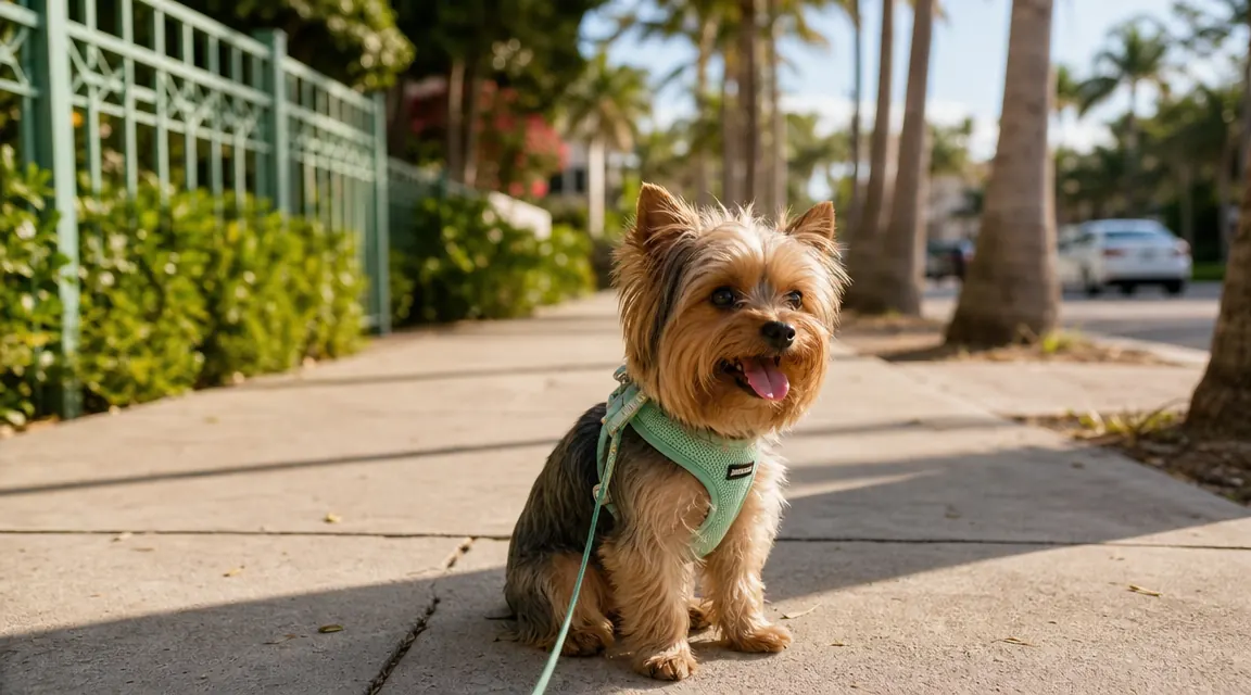 Small Yorkie wearing a pale green mesh step-in harness sitting on a sun-dappled sidewalk in a residential neighborhood