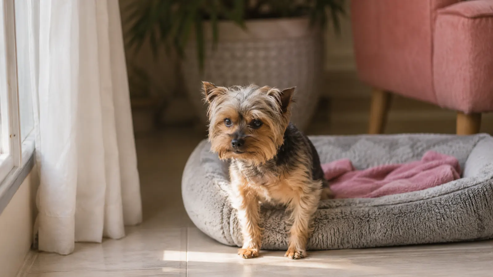 A small rescue Yorkie curled up on a soft dog bed near a sunny window, looking cautious but calm