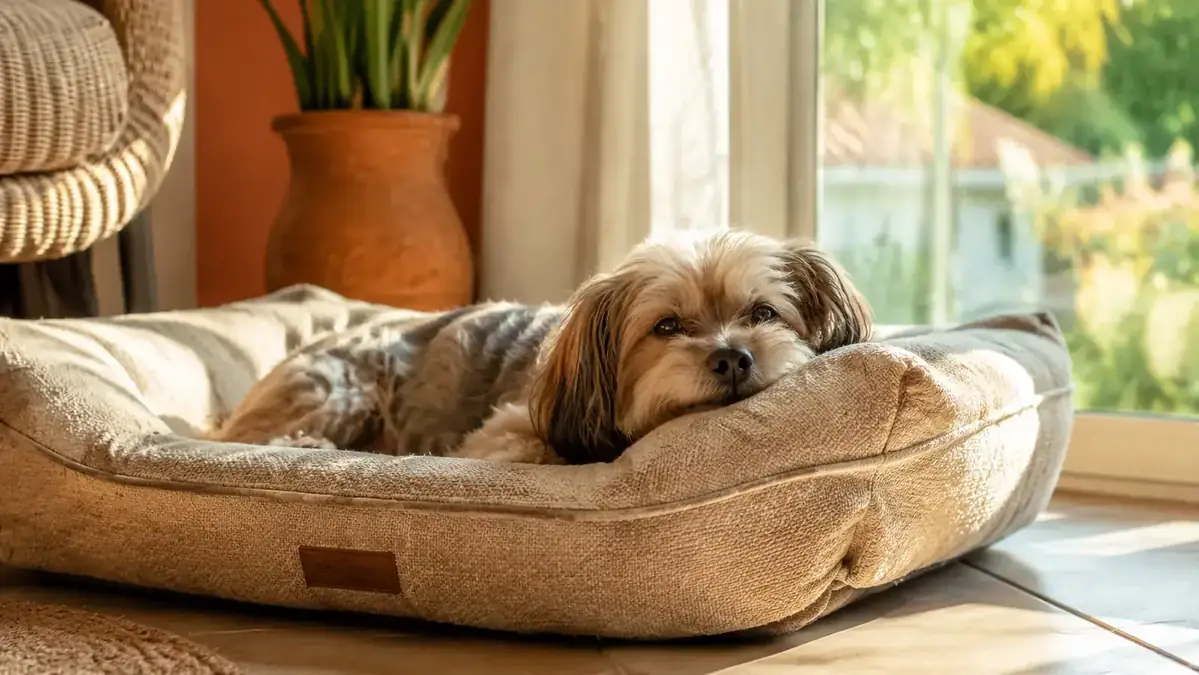 Senior small dog resting on an orthopedic dog bed in a sunny living room, looking calm and comfortable