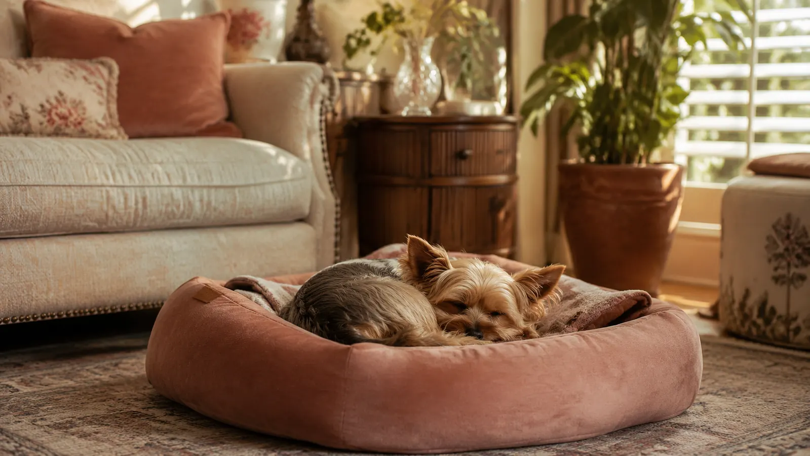 Small Yorkie curled up asleep on an orthopedic bolster dog bed in a warm, softly lit living room