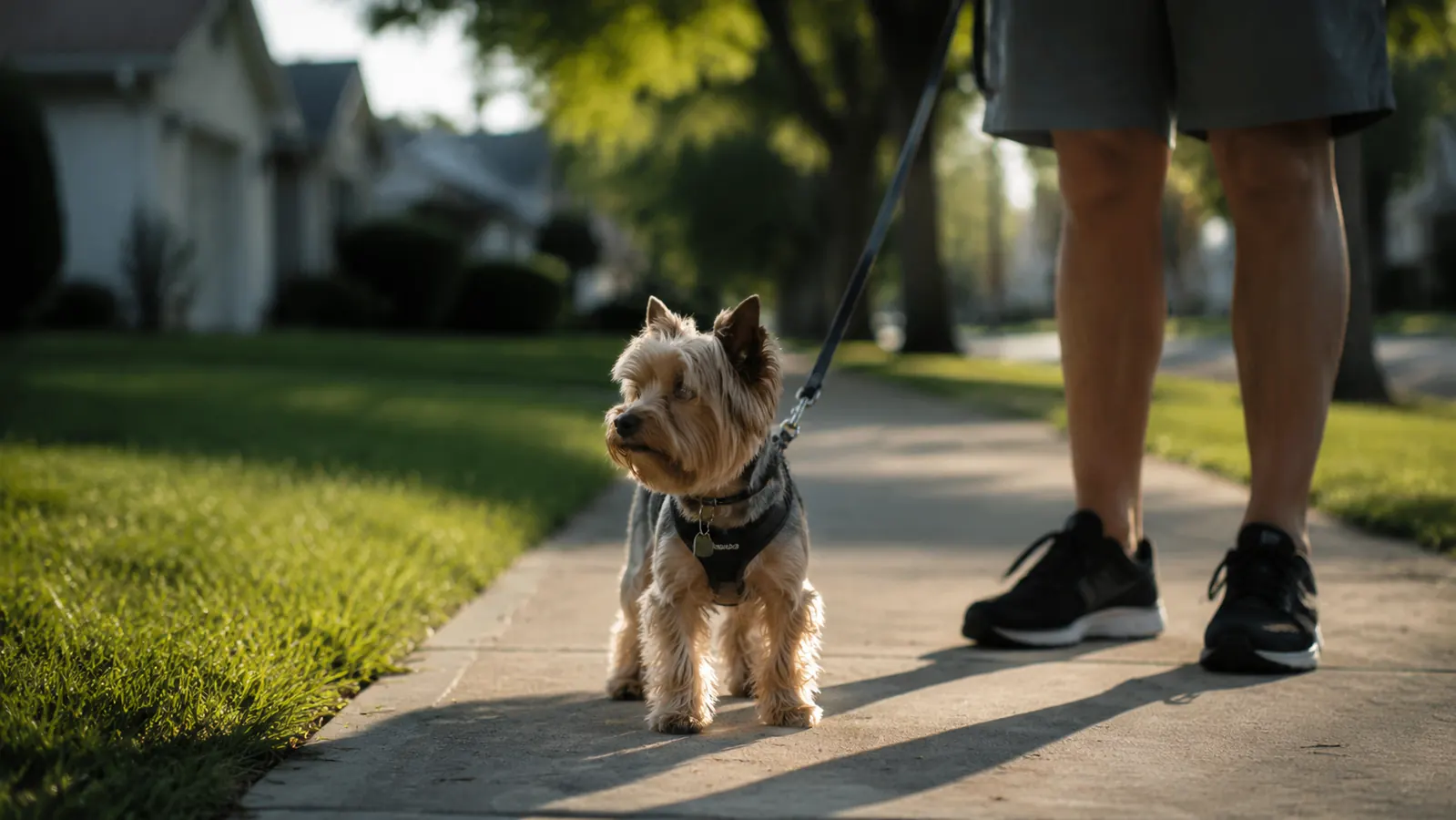 Small Yorkie on a leash standing calmly on a sidewalk beside a woman's legs in soft morning light