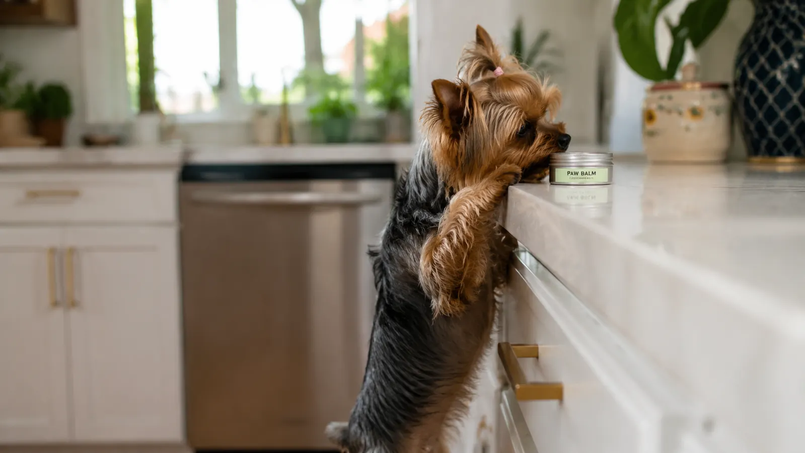 Yorkie sniffing a small tin of paw balm on a white kitchen countertop, curious expression, morning light