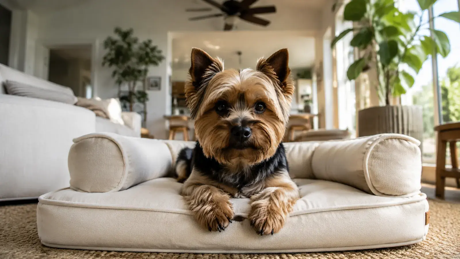 Small Yorkie resting on a cream bolster bed in a sunny South Florida living room, paws tucked forward and visible