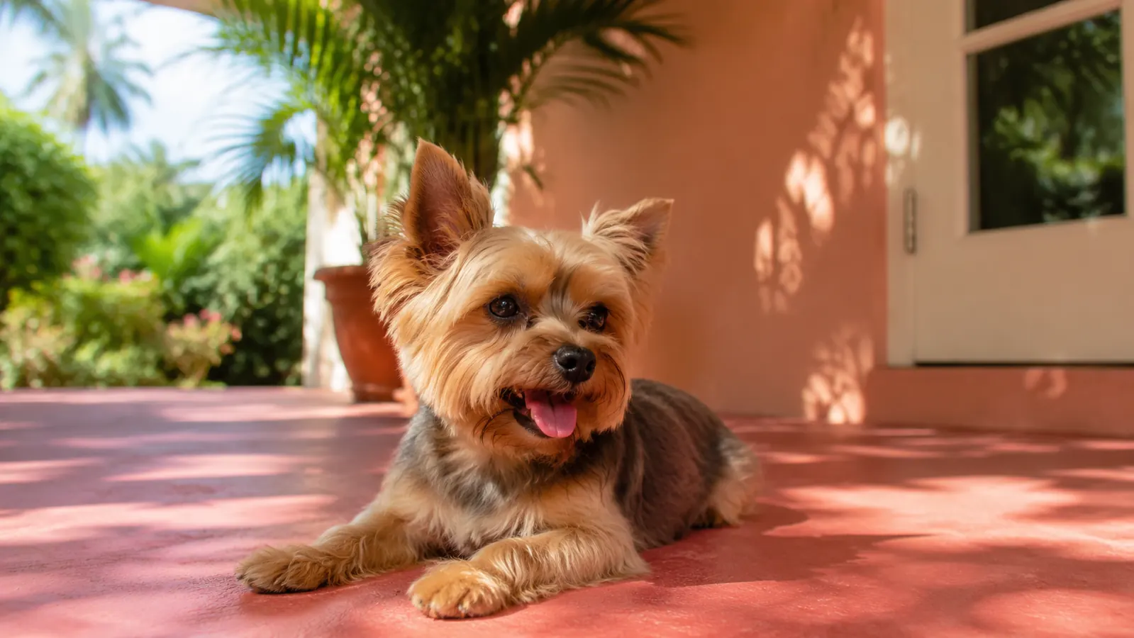 Small Yorkie sitting on a shaded porch after a walk, paws visible, South Florida greenery in the background