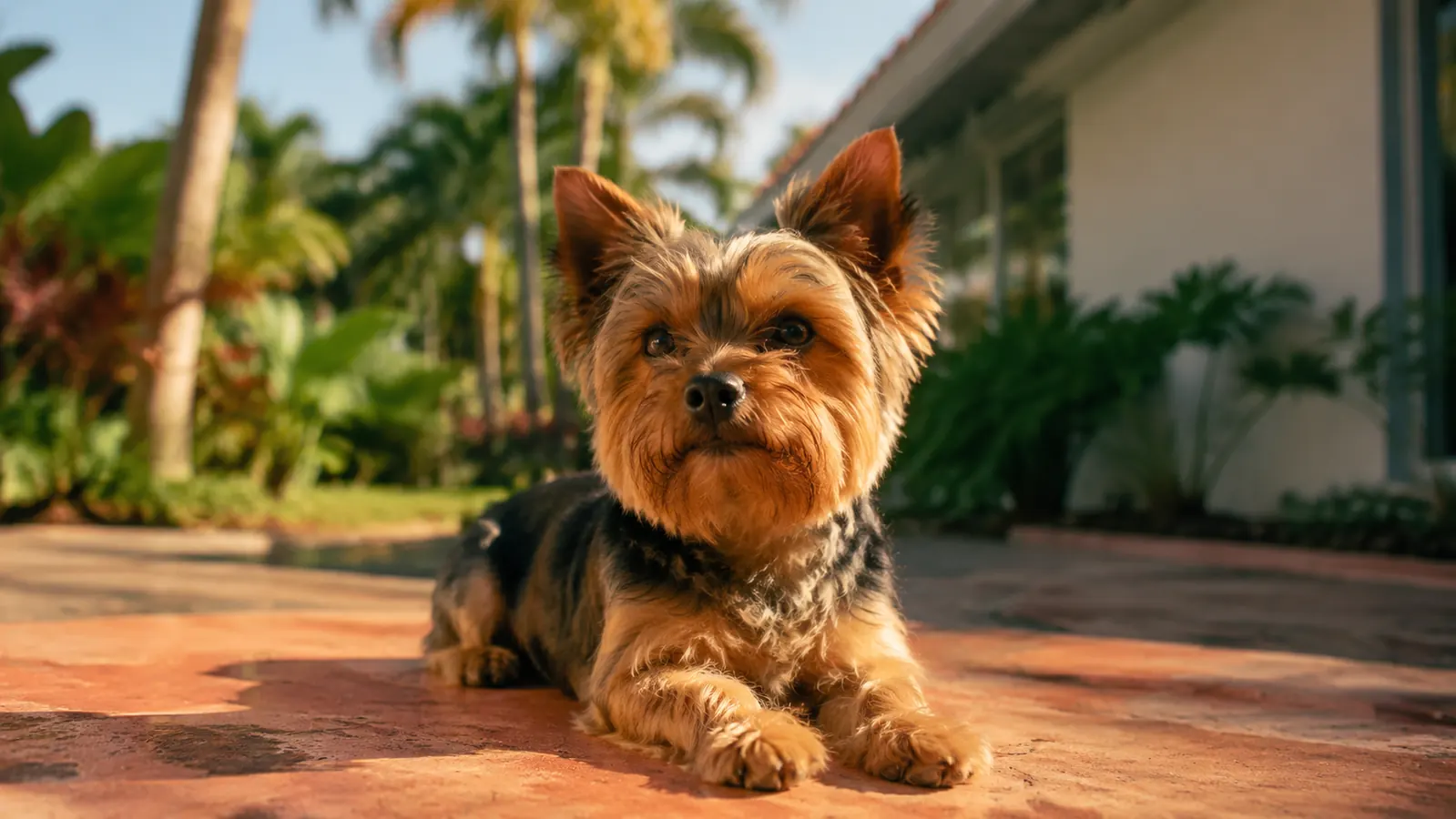 Small Yorkie sitting on a warm concrete patio, paws visible, soft afternoon light