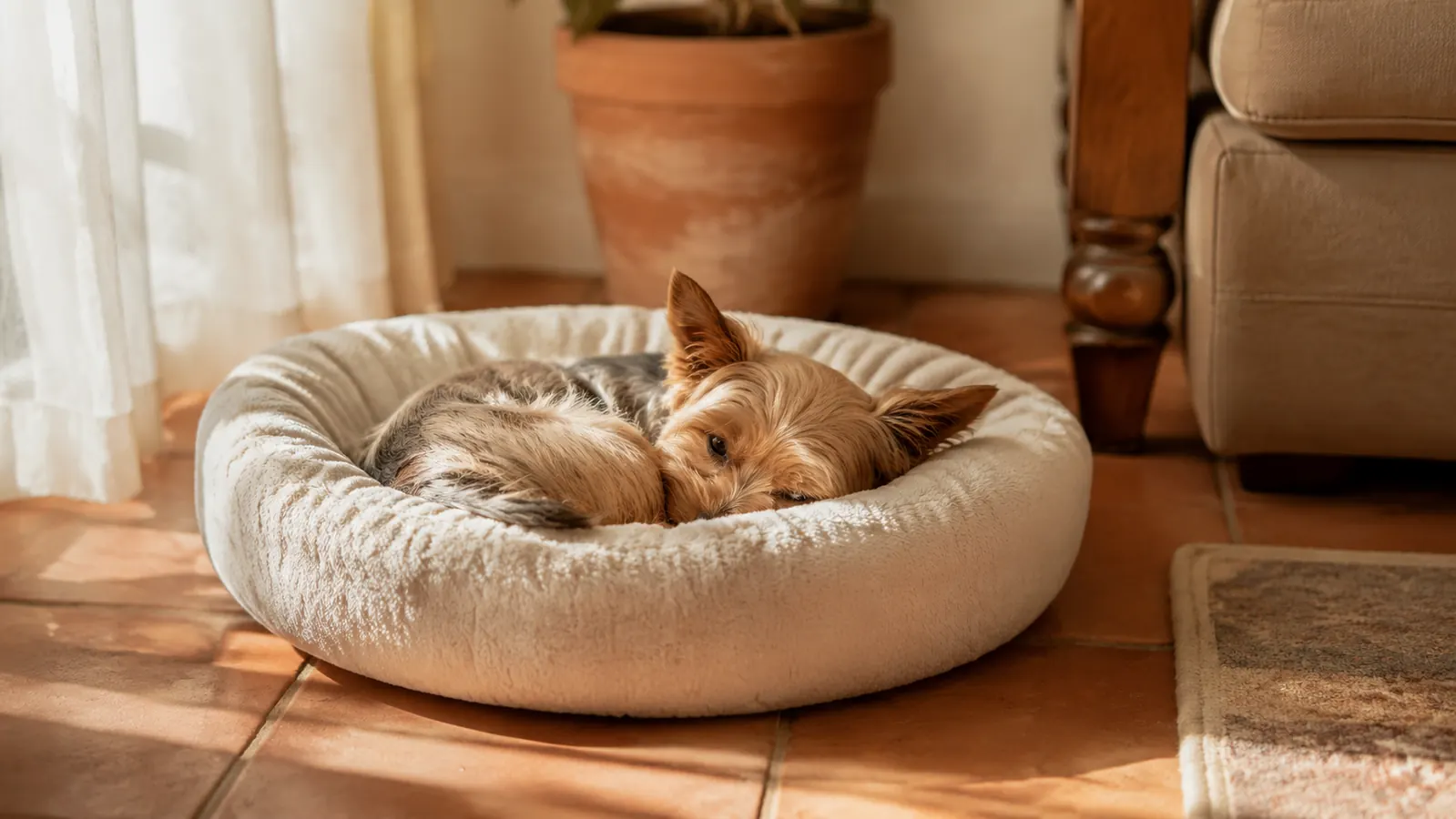 Small Yorkie dog resting calmly on a dog bed in a sunlit South Florida living room, looking relaxed and at ease
