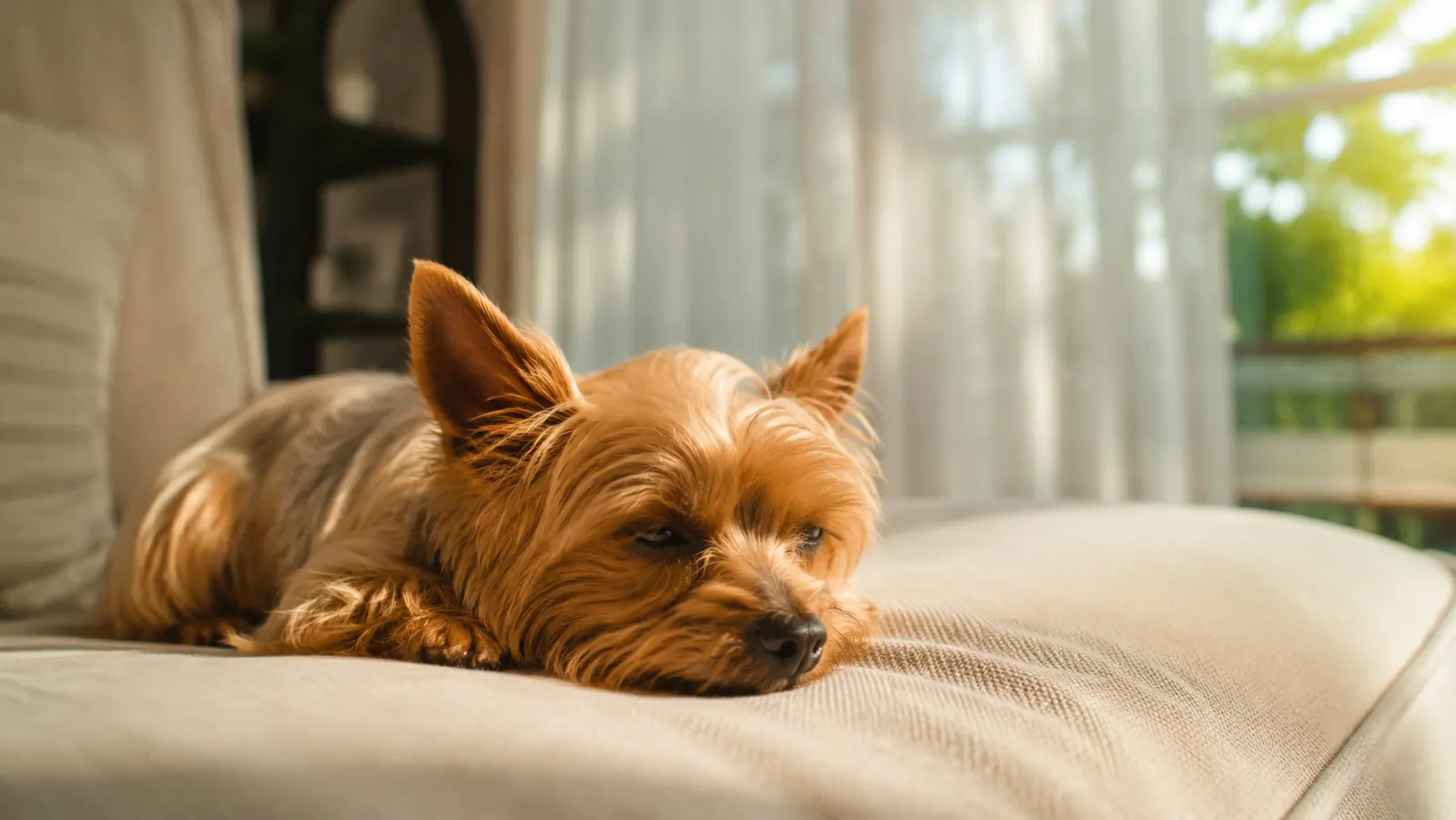 Small Yorkie resting calmly on a couch cushion in a sunny Florida living room