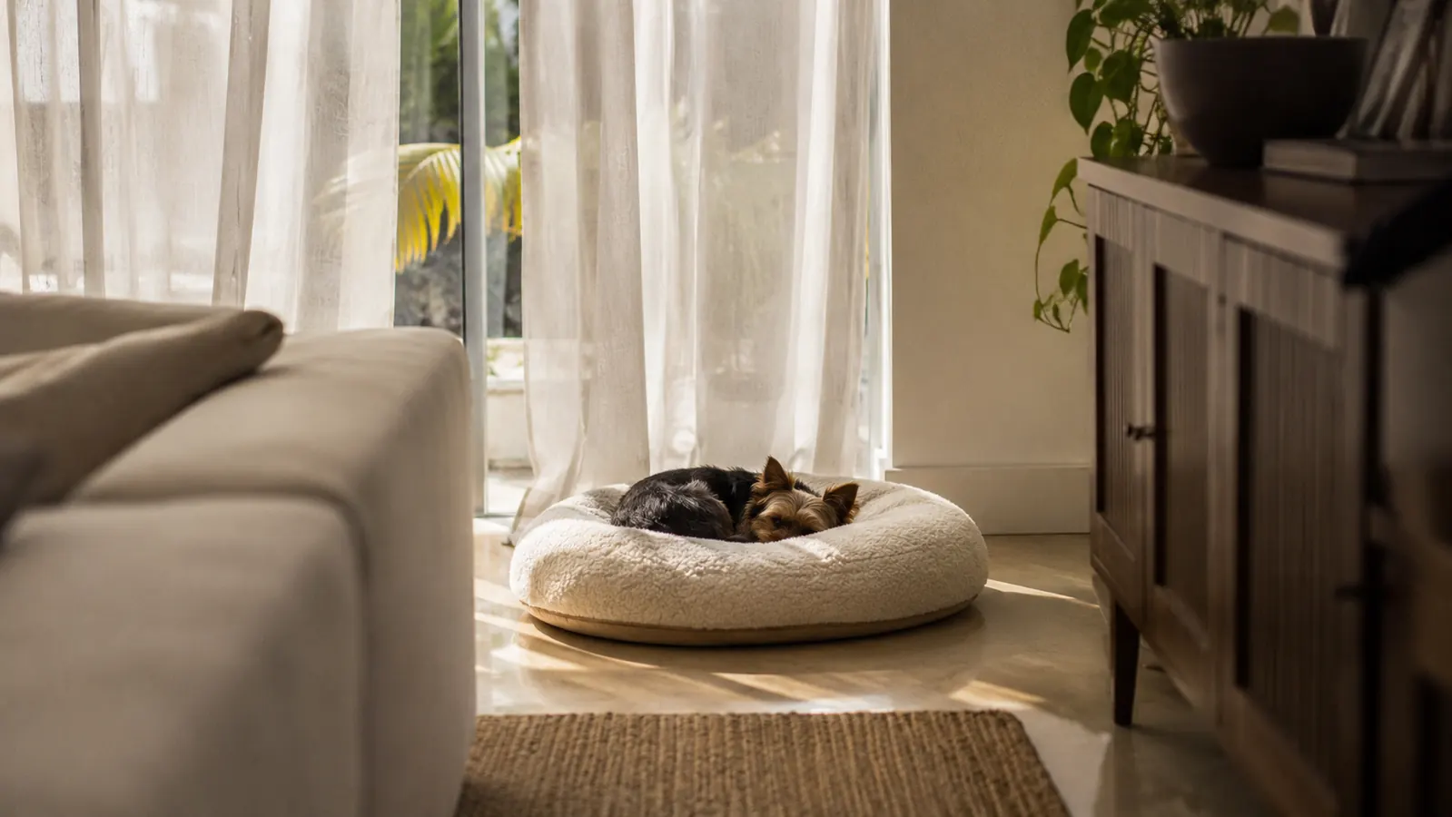 Small Yorkie curled on a dog bed indoors, soft afternoon light through a window